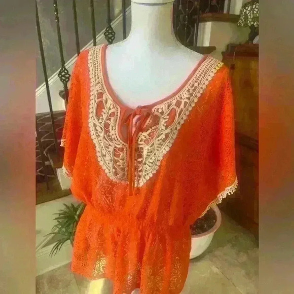 Lola B orange and cream swimsuit cover up. Silver studded in front. NWOT. Large. - Picture 10 of 13